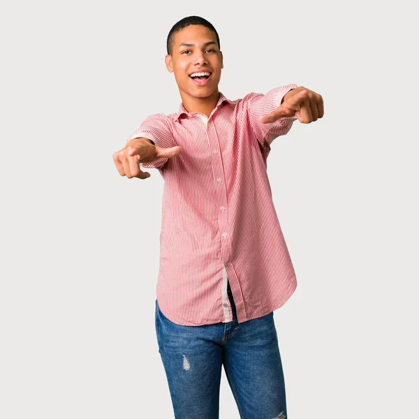 Young African American Man Pointing Finger Someone Laughing Lot Grey — Stock Photo, Image