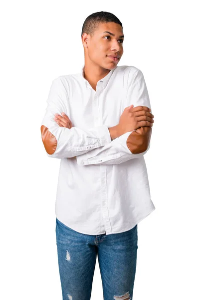 Genç Afro Amerikan Adam Önemsiz Yapma Beyaz Gömlek Şüpheler Jest — Stok fotoğraf