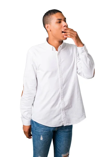 Young African American Man White Shirt Yawning Covering Wide Open — Stock Photo, Image