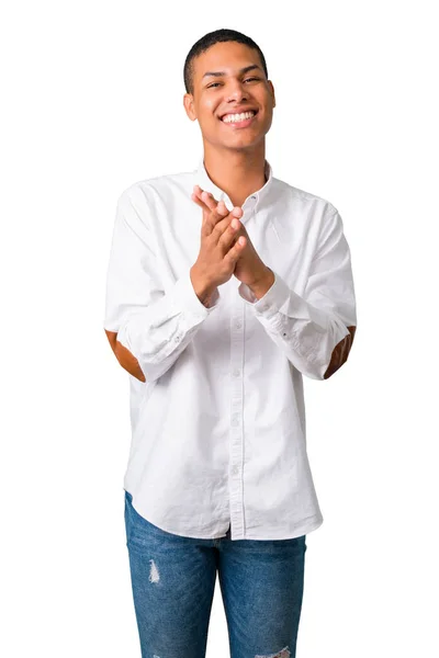 Jovem Afro Americano Com Camisa Branca Aplaudindo Após Apresentação Uma — Fotografia de Stock