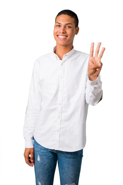 Jovem Afro Americano Com Camisa Branca Feliz Contando Três Com — Fotografia de Stock