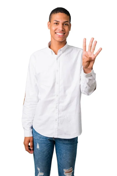 Jovem Afro Americano Com Camisa Branca Feliz Contando Quatro Com — Fotografia de Stock