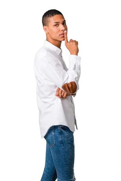 Νεαρός Αφρικανική Αμερικανική Άνθρωπος Λευκό Πουκάμισο Δείχνει Ένα Σημάδι Της — Φωτογραφία Αρχείου