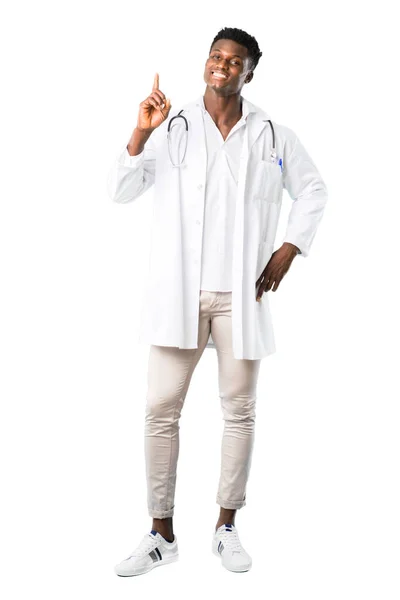 Corpo Completo Medico Afroamericano Che Mostra Solleva Dito Segno Del — Foto Stock