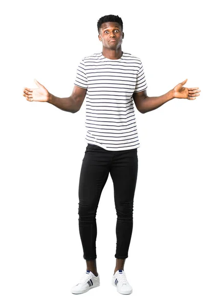 Teljes Test Sötét Bőrű Férfi Csíkos Póló Kétségek Összezavarják Arc — Stock Fotó