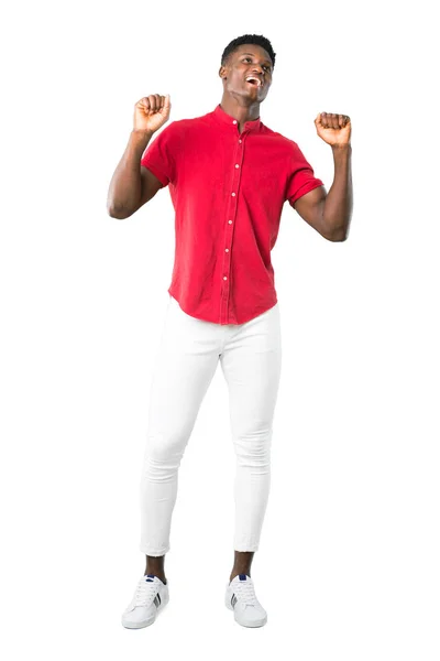 Cuerpo Completo Joven Afroamericano Celebrando Una Victoria Posición Ganadora Sobre —  Fotos de Stock