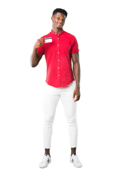 Full Body Young African American Man Holding Credit Card White — Stock Photo, Image