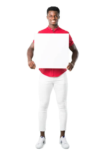 Corpo Inteiro Jovem Afro Americano Segurando Cartaz Branco Vazio Para — Fotografia de Stock