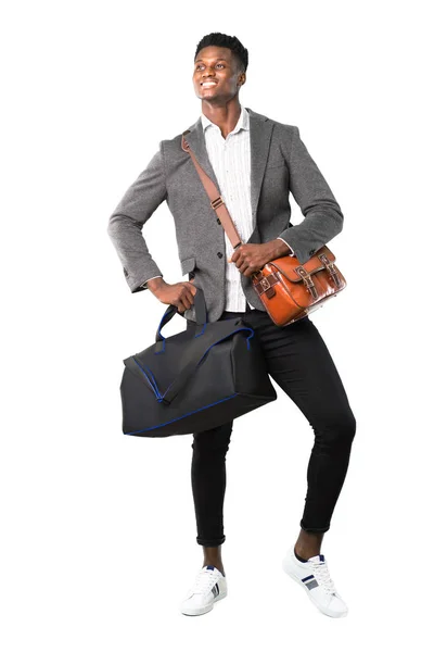 Hoofdgedeelte Van Afro Amerikaanse Zakenman Reizen Met Koffers Poseren Met — Stockfoto