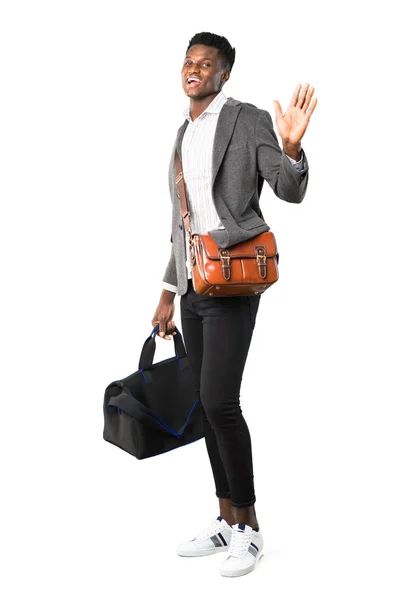 Cuerpo Completo Hombre Negocios Afroamericano Viajando Con Maletas Sonriendo Saludando —  Fotos de Stock