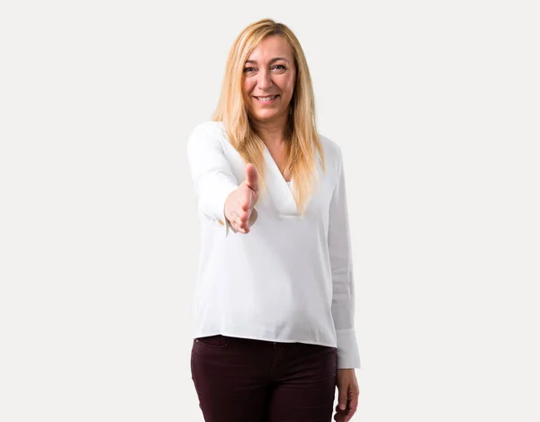 Middle Age Blonde Woman White Shirt Shaking Hands Closing Good — Stock Photo, Image