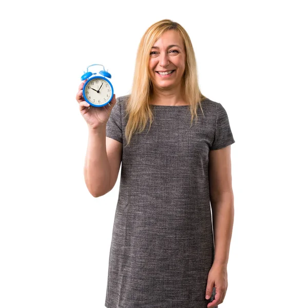 Middle Age Blonde Woman Holding Vintage Alarm Clock Isolated White — Stock Photo, Image