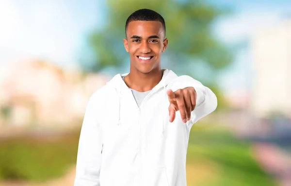 Dark Skinned Young Man White Sweatshirt Points Finger You Confident — Stock Photo, Image