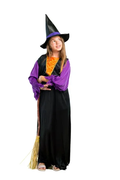 Full Lenght Shot Una Bambina Vestita Strega Feste Halloween Stand — Foto Stock