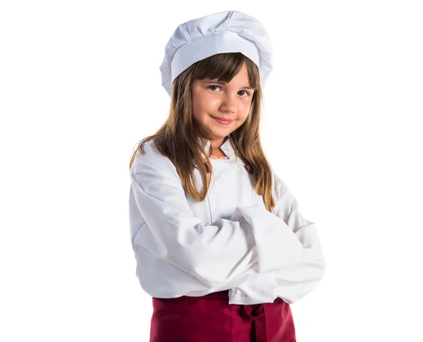 Pouco Bonito Menina Vestida Como Chef Com Braços Cruzados — Fotografia de Stock