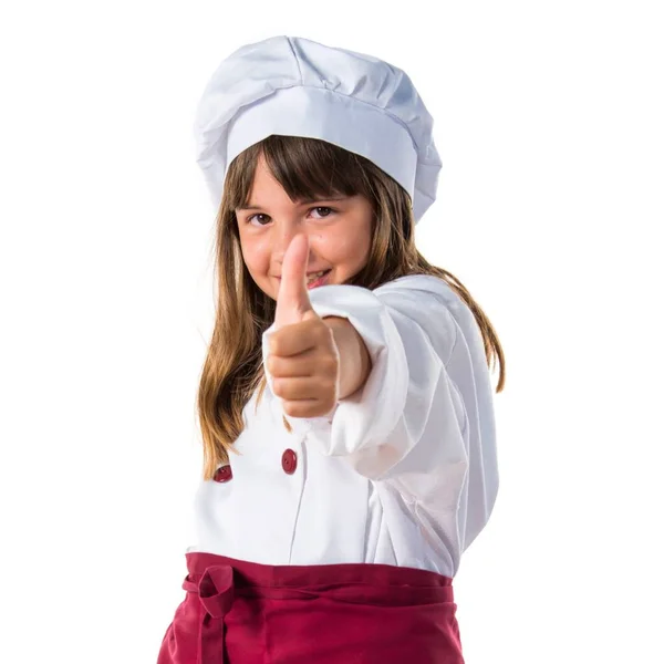 Niña Linda Vestida Como Chef Con Pulgar Hacia Arriba — Foto de Stock