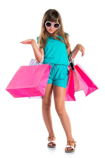 Schattig Meisje Met Veel Shopping Tassen — Stockfoto