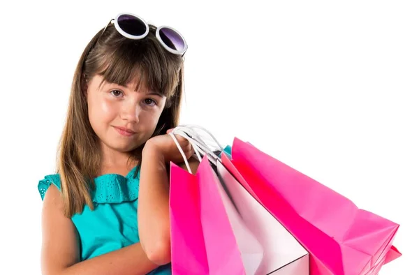 Pequena Menina Bonito Com Muitos Sacos Compras — Fotografia de Stock