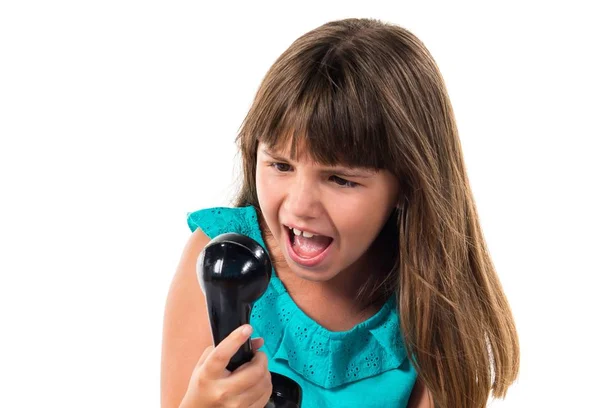 Menina Falando Com Telefone Vintage Gritando — Fotografia de Stock