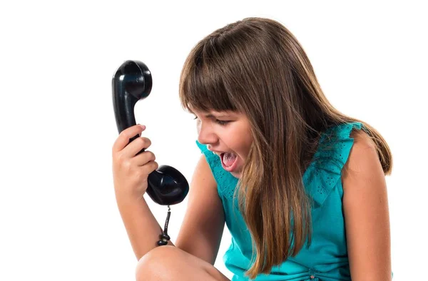 Menina Falando Com Telefone Vintage Gritando — Fotografia de Stock