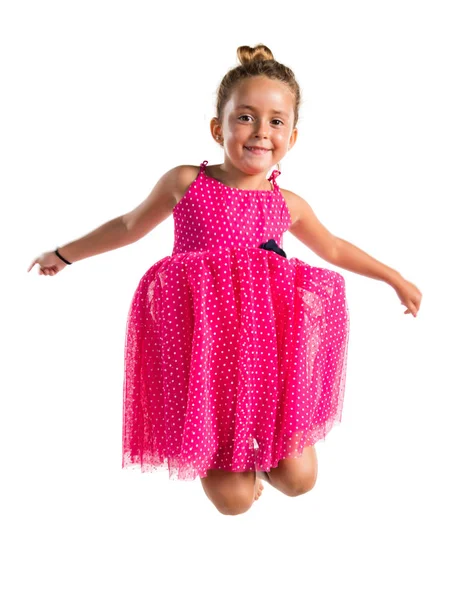 Little Girl Pink Dress Jumping — Stock Photo, Image