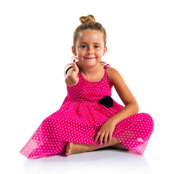 Маленькая Девочка Розовым Платьем Большим Пальцем Вверх — стоковое фото