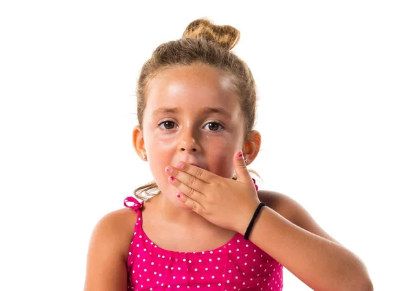 Niña Con Vestido Rosa Haciendo Gesto Sorpresa —  Fotos de Stock