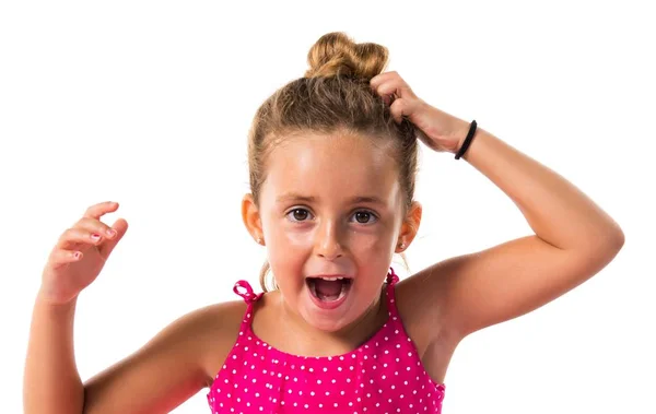 Ragazzina Con Abito Rosa Facendo Gesto Sorpresa — Foto Stock