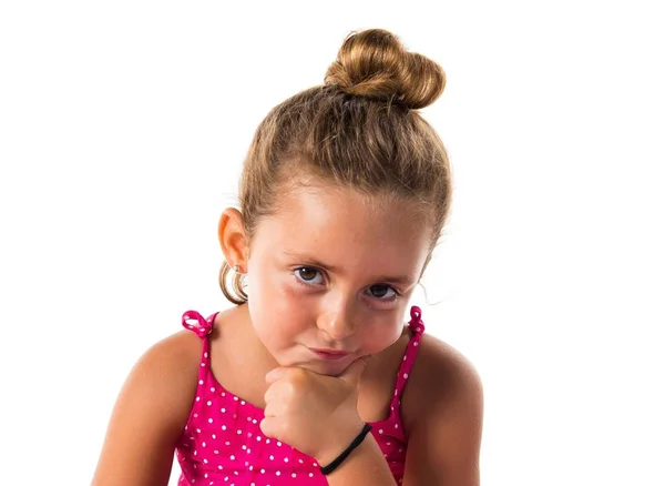 Menina Com Vestido Rosa Pensando — Fotografia de Stock