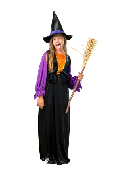 Celovečerní Snímek Malé Holčičky Oblečený Jako Čarodějnice Halloween Svátky Zobrazující Royalty Free Stock Fotografie