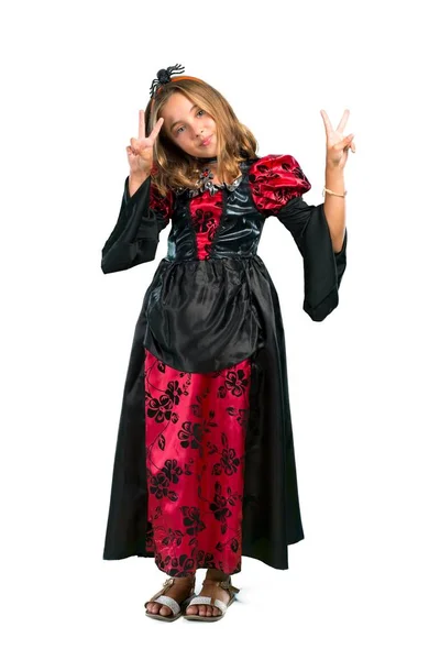 Full Lenght Tiro Biondo Bambino Vestito Vampiro Vacanze Halloween Sorridente — Foto Stock