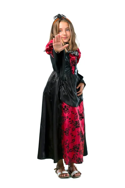 Full Lenght Shot Una Bionda Vestita Vampiro Feste Halloween Facendo — Foto Stock