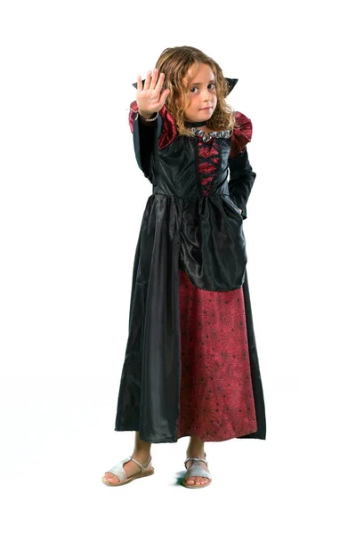 Full Length Shot Kid Dressed Vampire Halloween Holidays Making Stop — Stock Photo, Image
