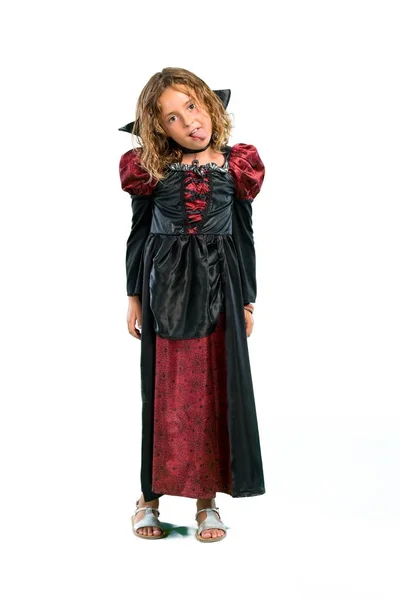 Full Length Shot Kid Dressed Vampire Halloween Holidays Showing Tongue — Stock Photo, Image