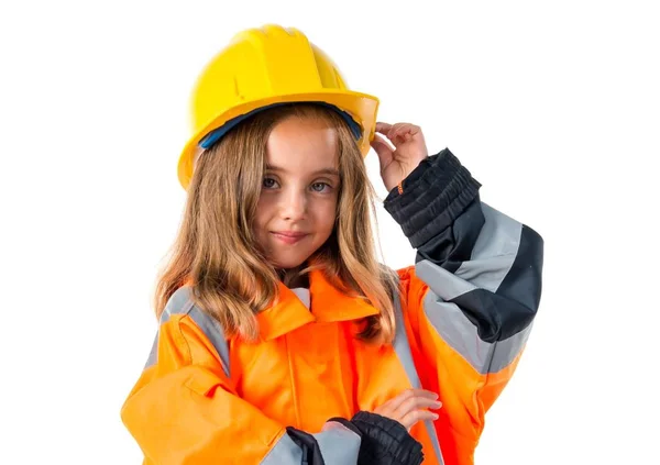 Kleines Blondes Mädchen Das Wie Ein Arbeiter Gekleidet Ist — Stockfoto