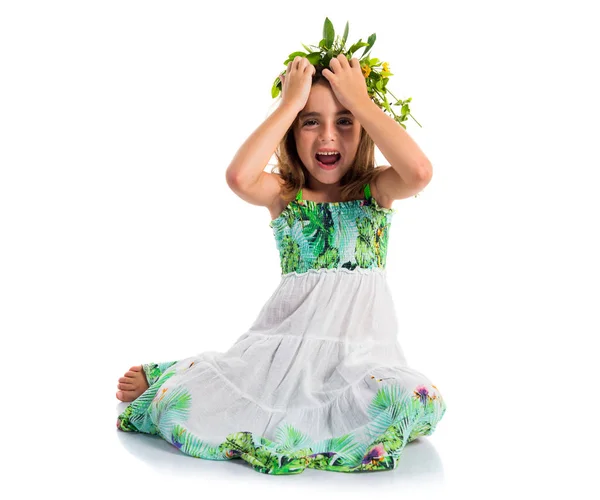 Frustrated Girl Crown Flowers — Stock Photo, Image