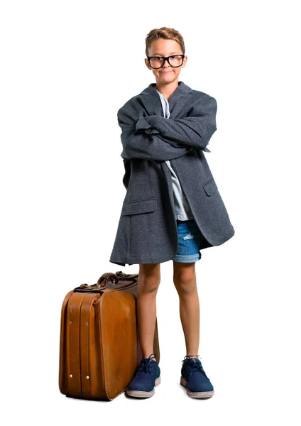 Little Boy His Father Clothes Playing Adult His Arms Crossed — Stock Photo, Image