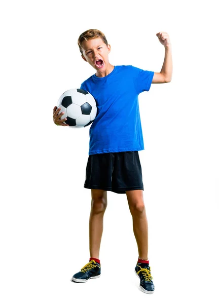 Bilde Lucky Boy Som Spiller Fotball Isolert Hvit Bakgrunn – stockfoto