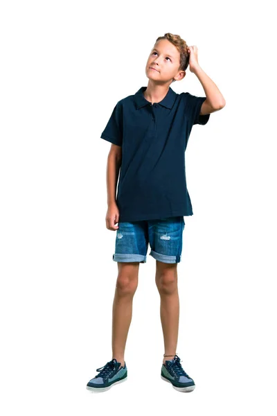 Full Body Little Boy Standing Thinking Idea White Background — Stock Photo, Image