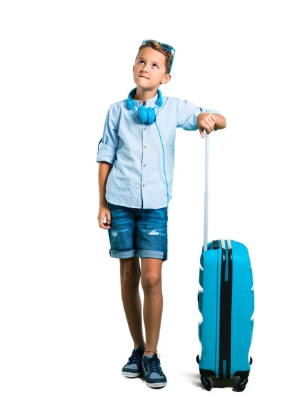 Corps Complet Kid Avec Lunettes Soleil Écouteurs Voyageant Avec Valise — Photo