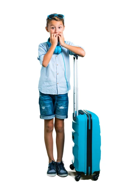 Full Body Kid Sunglasses Headphones Traveling His Suitcase Little Bit — Stock Photo, Image