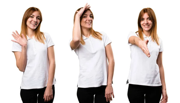 Set Beautiful Young Girl Saluting — Stock Photo, Image