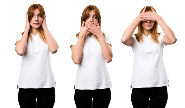 Set Beautiful Young Girl Covering Her Mouth Ears Eyes — Stock Photo, Image