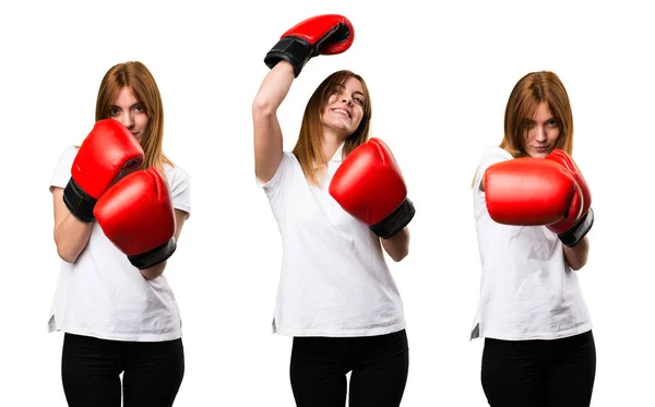 Conjunto Niña Hermosa Feliz Con Guantes Boxeo —  Fotos de Stock