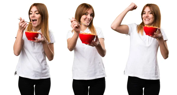 Conjunto Feliz Hermosa Joven Comer Cereales Tazón — Foto de Stock