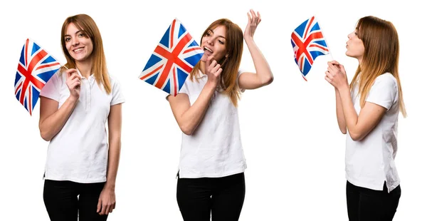 Set Happy Beautiful Young Girl Holding United Kingdom Flag — Stock Photo, Image
