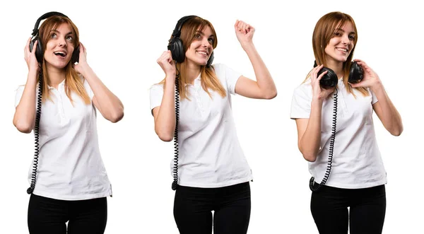 Conjunto Feliz Menina Bonita Ouvindo Música — Fotografia de Stock