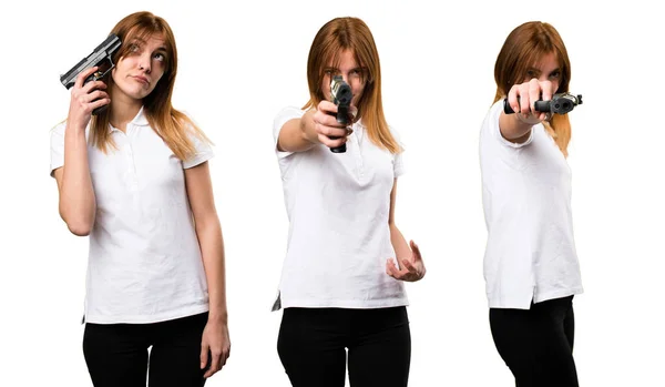 Set Beautiful Young Girl Holding Pistol — Stock Photo, Image