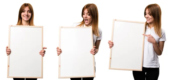 Set Surprised Beautiful Young Girl Holding Empty Placard — Stock Photo, Image