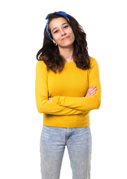 Giovane Ragazza Con Maglione Giallo Bandana Blu Sulla Testa Tenendo — Foto Stock